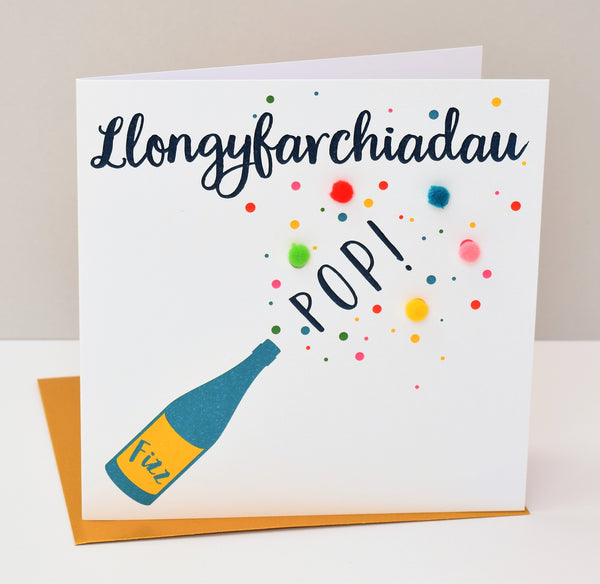 Welsh Congratulations Card, Pop, Fizz, Pompom Embellished