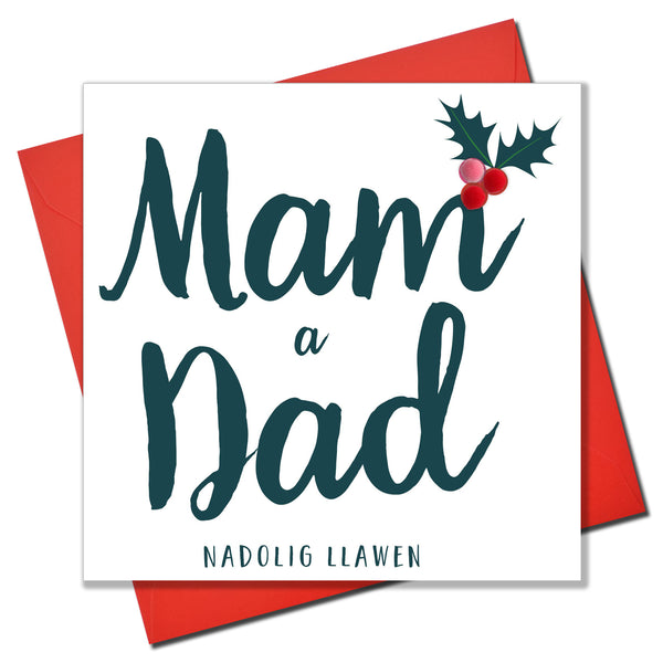 Welsh Mum and Dad Christmas Card, Nadolig Llawen Mam a Dad, Pompom Embellished