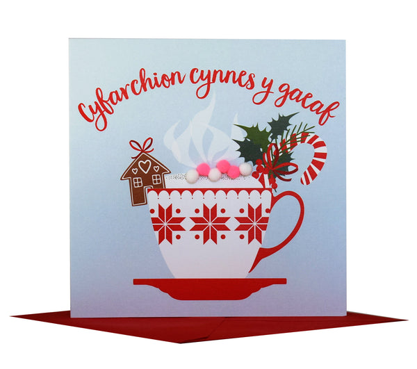 Welsh Christmas Card, Nadolig Llawen, Christmas cappuccino, Pompom Embellished