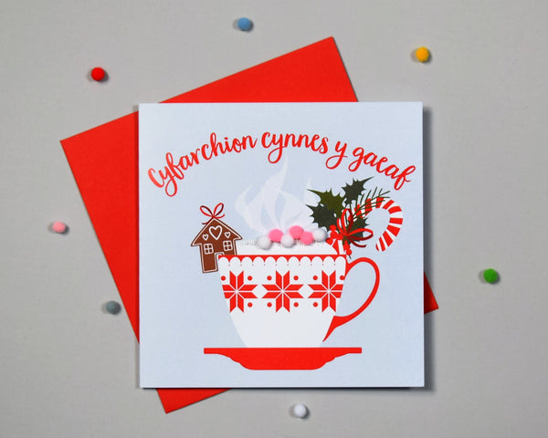 Welsh Christmas Card, Nadolig Llawen, Christmas cappuccino, Pompom Embellished