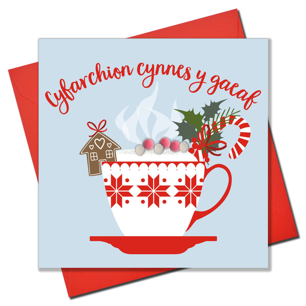 Welsh Christmas Card, Nadolig Llawen, Christmas cappuccino, Pompom Embellished