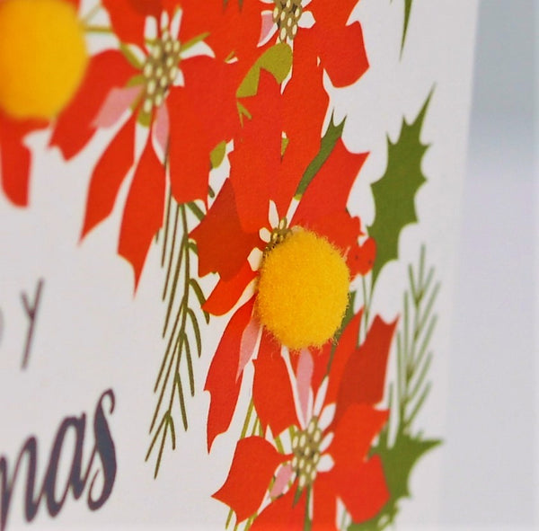 Welsh Christmas Card, Nadolig Llawen, Poinsettia wreath, Pompom Embellished