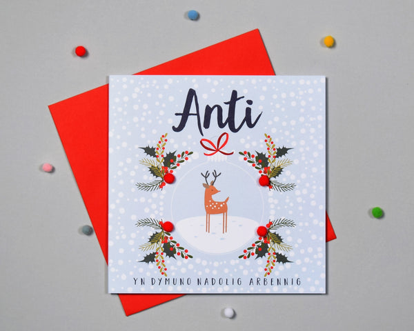 Welsh Aunt Christmas Card, Nadolig Llawen Anti, Bauble, Pompom Embellished