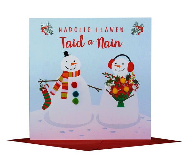 Welsh Grandma & Grandad Christmas Card, Nadolig Llawen Taid, Pompom Embellished