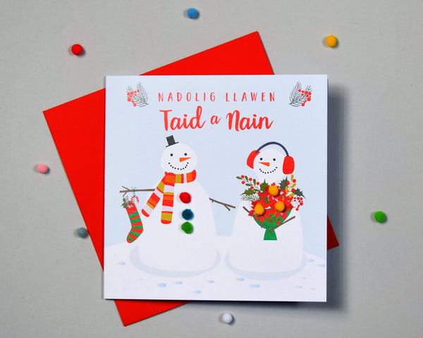 Welsh Grandma & Grandad Christmas Card, Nadolig Llawen Taid, Pompom Embellished