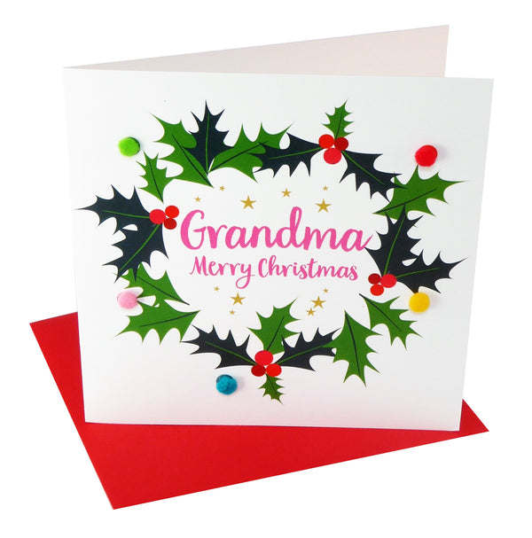 Christmas Card, Holly Wreath, Grandma, Embellished with colourful pompoms