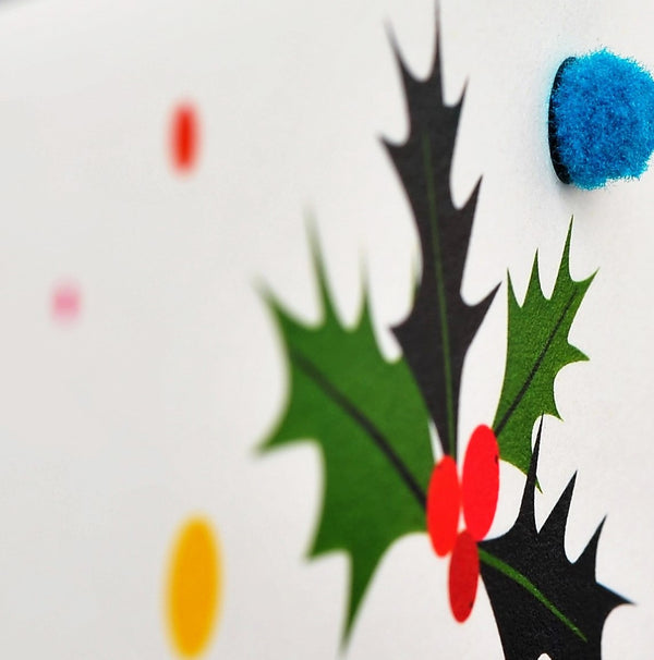 Christmas Card, Holly, Happy Christmas Gran, Embellished with colourful pompoms