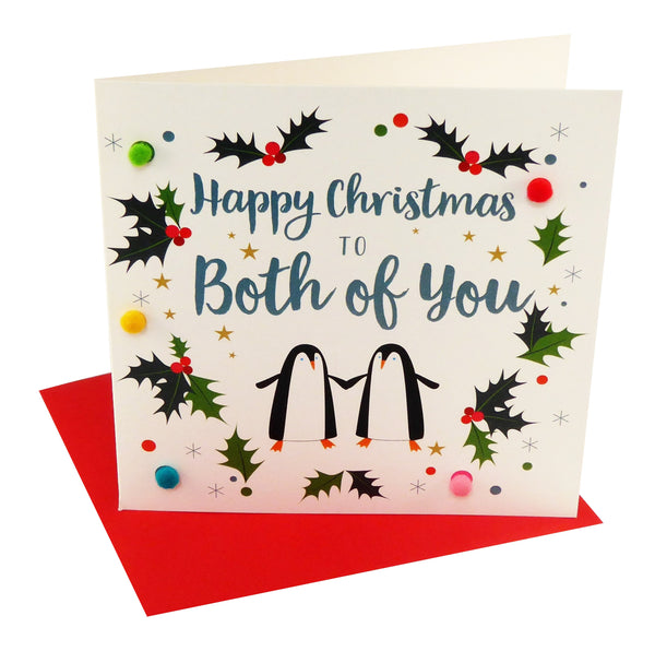 Christmas Card, two penguins, Both of You, Embellished with colourful pompoms