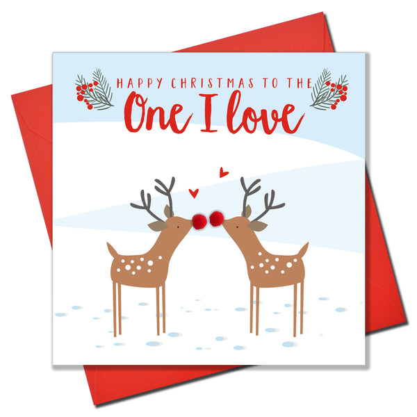 Christmas Card, Kissing reindeers, The One I Love, Pompom Embellished